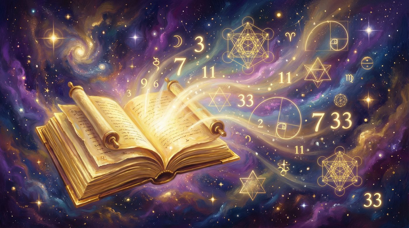 A glowing mystical book with numerology numbers and sacred geometry